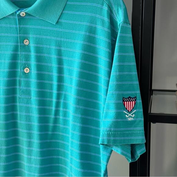 Peter Millar Green Blue Striped Short Sleeve Pullover Golf Polo Men’s Medium - Picture 2 of 6